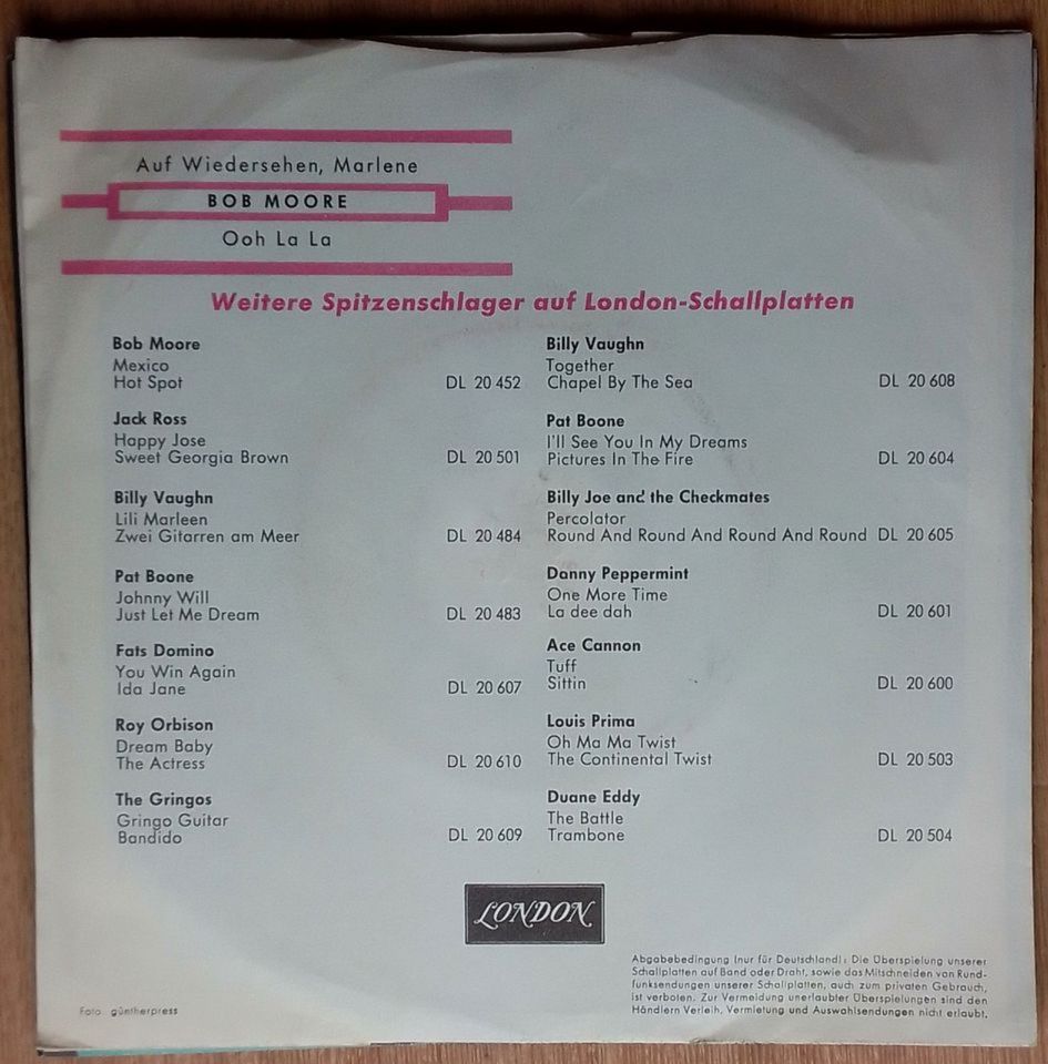 BOB "Mexico" MOORE Vinyl AUF WIEDERSEHEN, MARLENE Ooh La La 1962 in Holzdorf