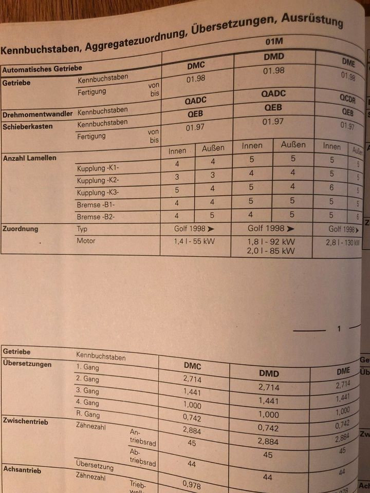 Reparaturleitfaden Golf 4+Bora "Automat. Getriebe 01M   DMC+DMD+ in Wallmerod