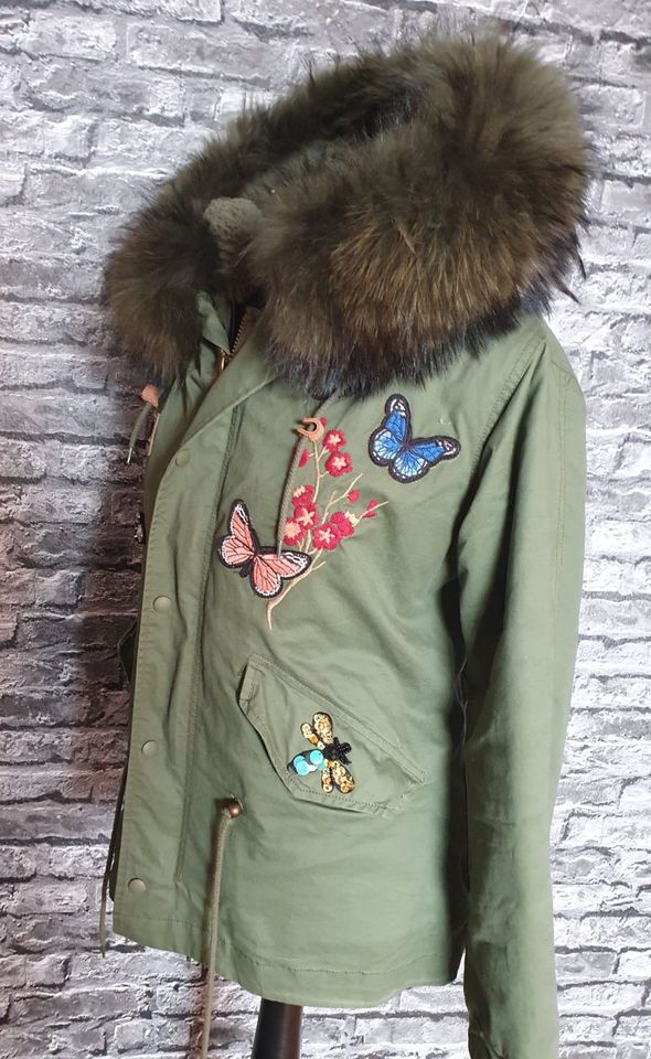 Top Parka Mantel Jacke Khaki Strass 36 Echtfell Pelz innen Fell in Hof (Saale)