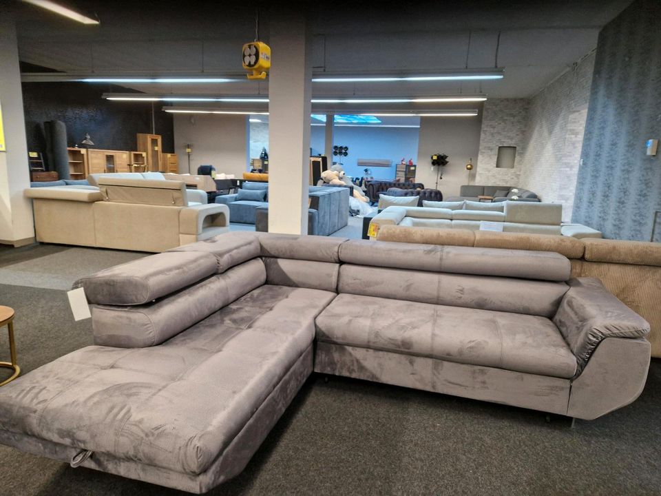 Sofa Wohnlandschaft Ecksofa Samt Grau mit Schlaffunktion und Bettkasten Möbel Wurm in Osnabrück