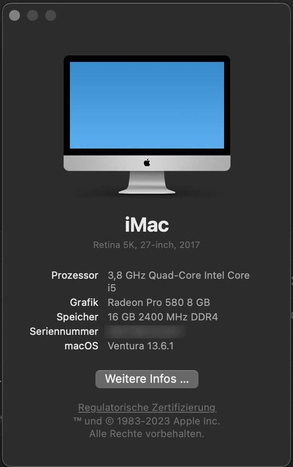 Apple iMac 27 Zoll, Retina 5k, 3,8 GHz, 2TB, 16GB RAM, 2017 in Apen