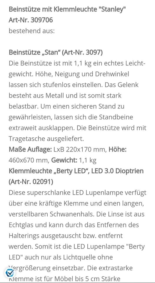 Beinstütze "Stan" mit Klemmleuchte "Berty LED", 3,0 NEU! in Langenfeld