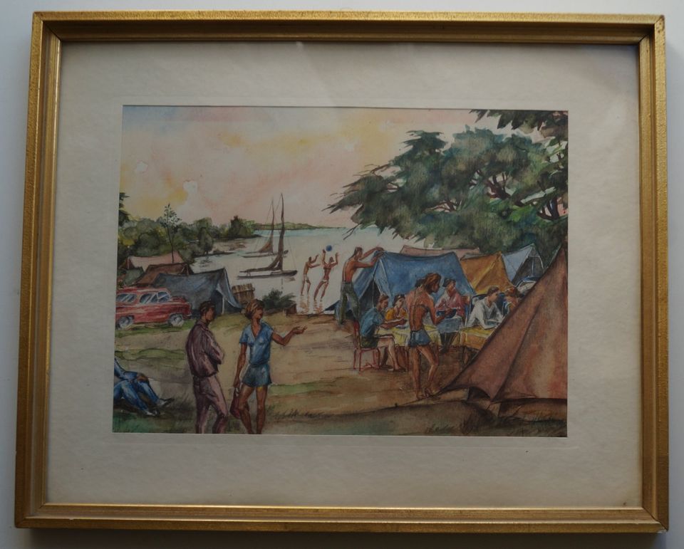 Aquarell Bild am See, Camping 1966 in Dresden