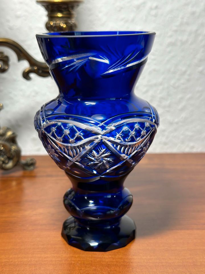 Vase Glas Kristall Geschliffenes Blau Vintage in Schwedt (Oder)