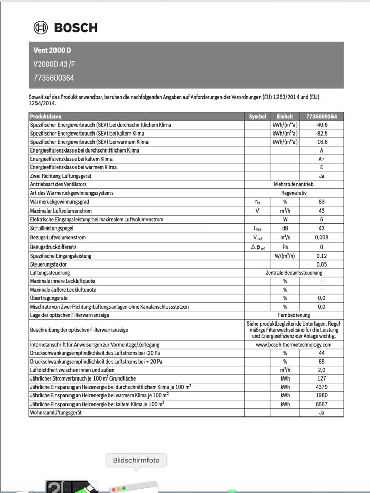 BOSCH Vent 2000 dezentrales Lüftungsgerät V2000D 43 /K Komplettse in Haunetal