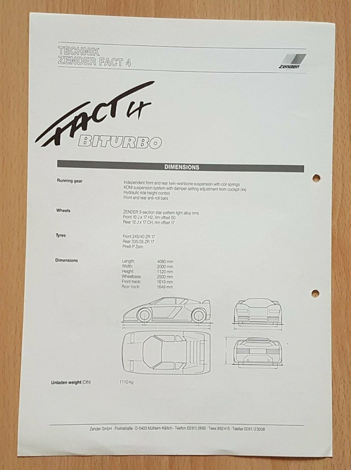 Prospekt Zender Fact 4 Biturbo Studie 1989 technische Infos in Paderborn