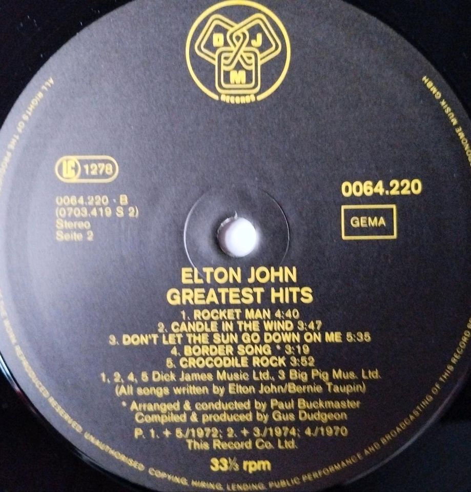 Elton John Greatest Hits LP Vinyl TOP ZUSTAND 1A erhalten in Dortmund