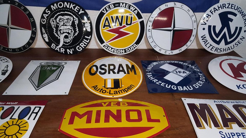 Simson Minol EMW  ORWO IFA Emalienschild Emalie Werkstatt Deko in Altenburg