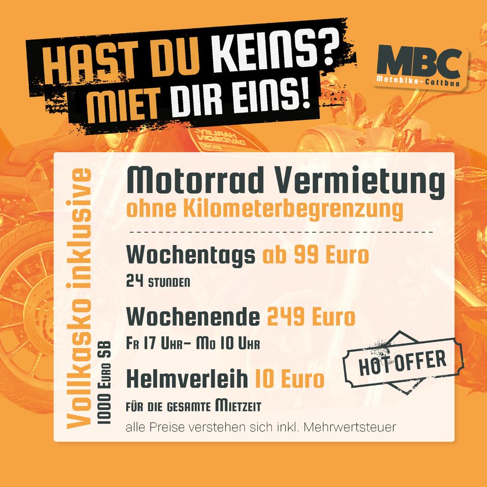 MOTORRADVERMIETUNG OHNE KILOMETERBEGRENZUNG in Cottbus