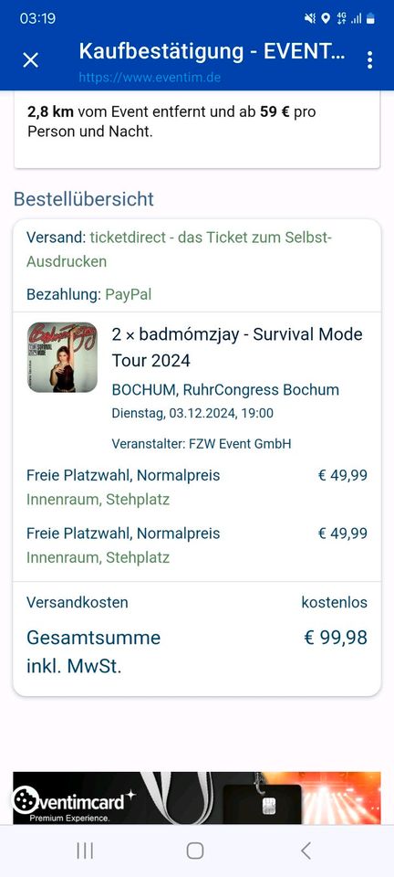 2x badmomzjay Stehpl. Ticketdirect 03.12.24 Bochum in Dortmund