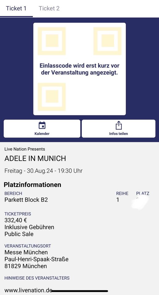 2 Tickets Adelle München 30.8.24 unter Originalpreis in Kulmbach