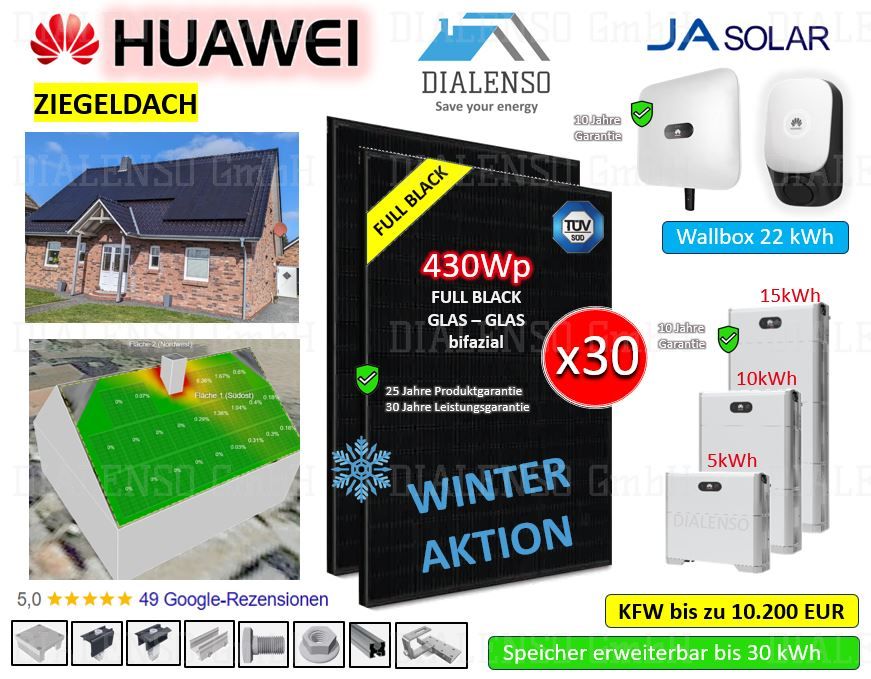 (30x) 12,9kWp Komplettanlage Huawei 10KTL M1 HC Komplettset PV JA Solarmodule 430W JAM54D41 Glas-Glas Full Black bifazial  0% MWST Photovoltaik Batteriespeicher LUNA2000-15-S0 Dialenso GmbH in Rödinghausen