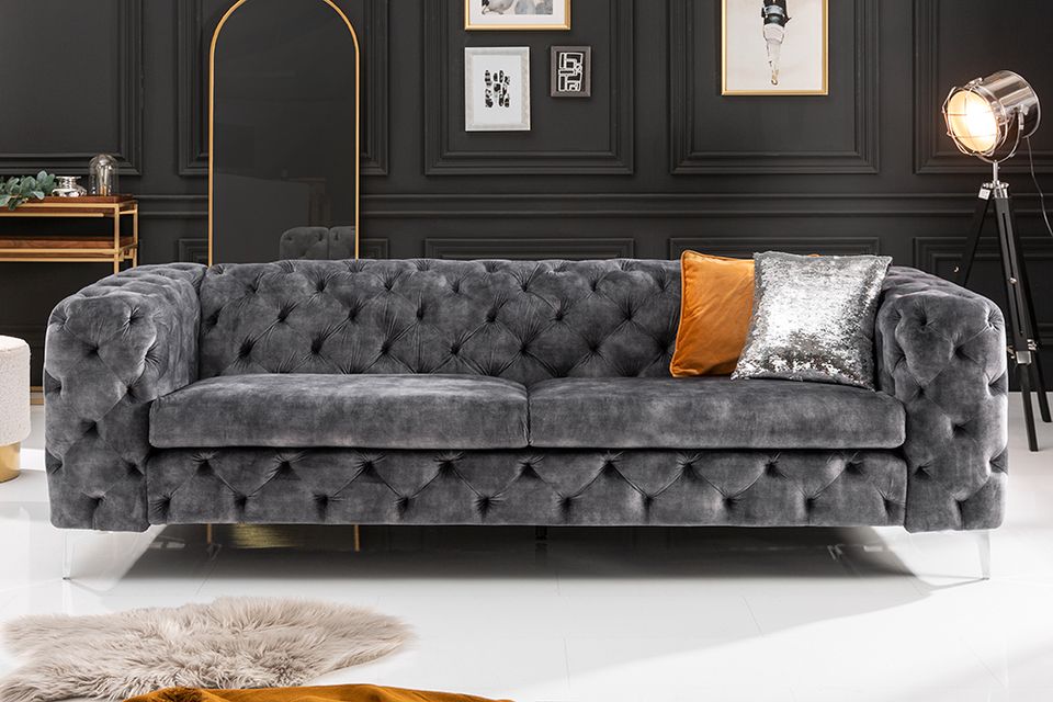 ⚡!Aktionspreis!⚡ Chesterfield 3er Sofa MODERN BAROCK 235cm dunkelgrau Samt 3-Sitzer Federkern Riess-Ambiente in Halstenbek