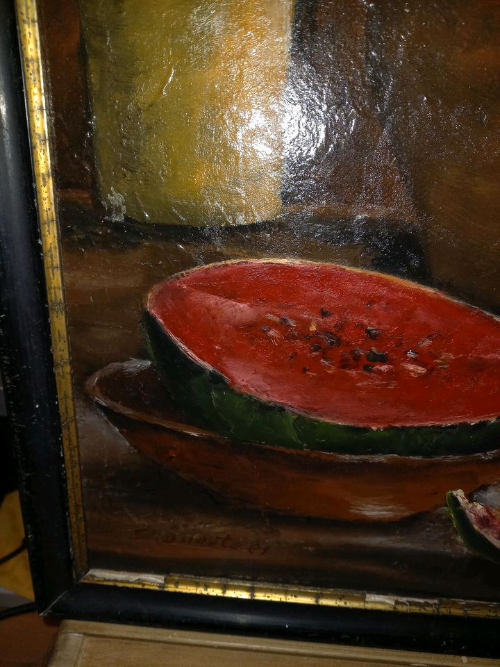 Bild Öl Acrylbild Gemälde gerahmt Stillleben Wassermelone Krug in Großrosseln