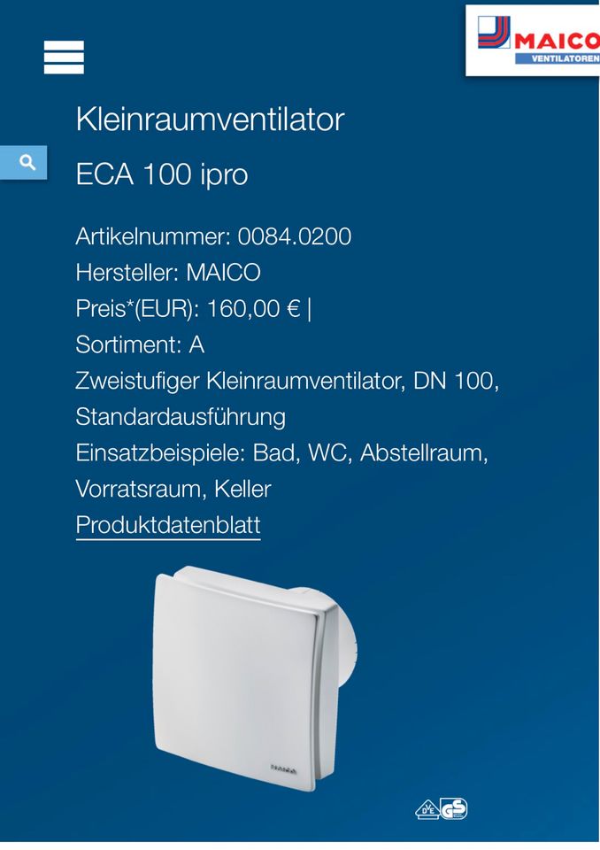 KLEINRAUMVENTILATOR ECA 100 ipro neu in Hechingen