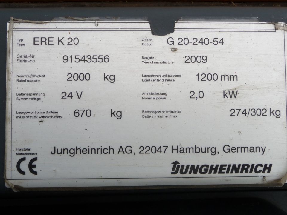 Niederhubwagen JUNGHEINRICH ERE K20, BJ. 2009, nur 3672 Std. in Dinkelsbuehl