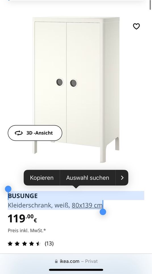 BUSUNGE Kleiderschrank weiß 80x139 cm Schrank Kinder Ikea in Würzburg