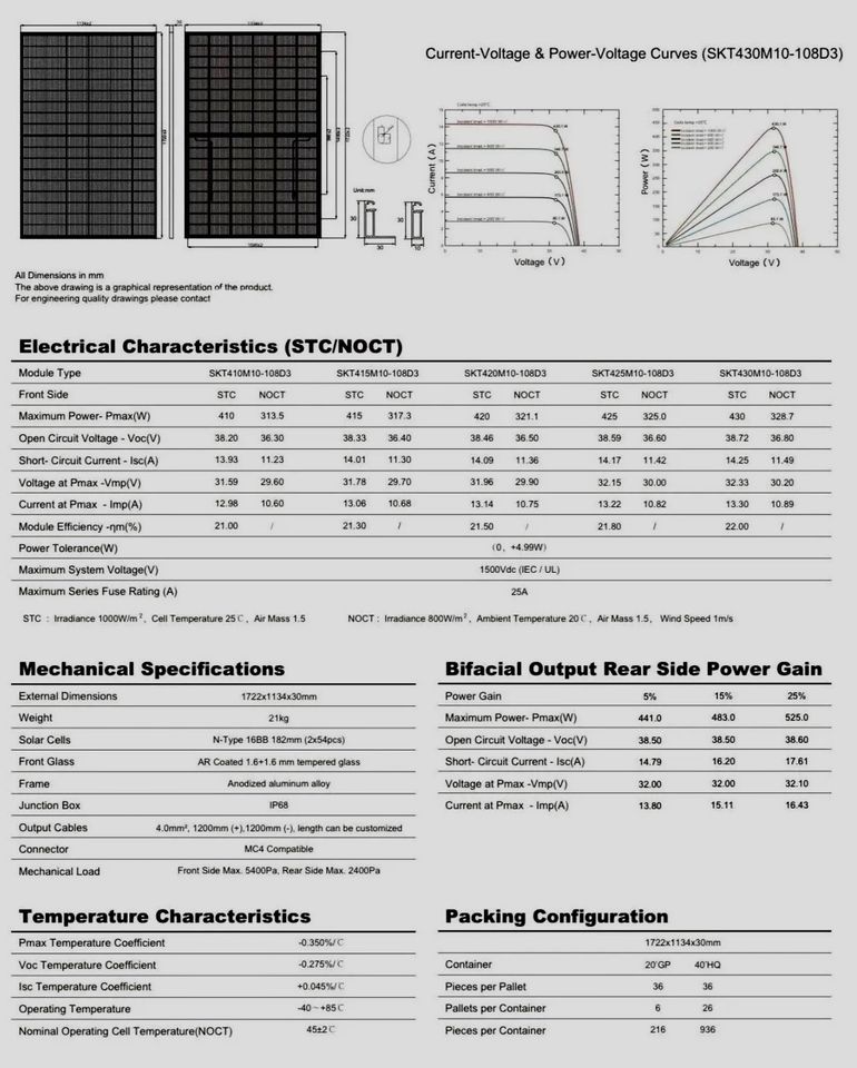 Solarmodul Bifacial Full Black Glas/Glas 430Wp Solarmodul Photovoltaik Solarpanel Transparent Bifacial SUNKET-ESS in Stendal