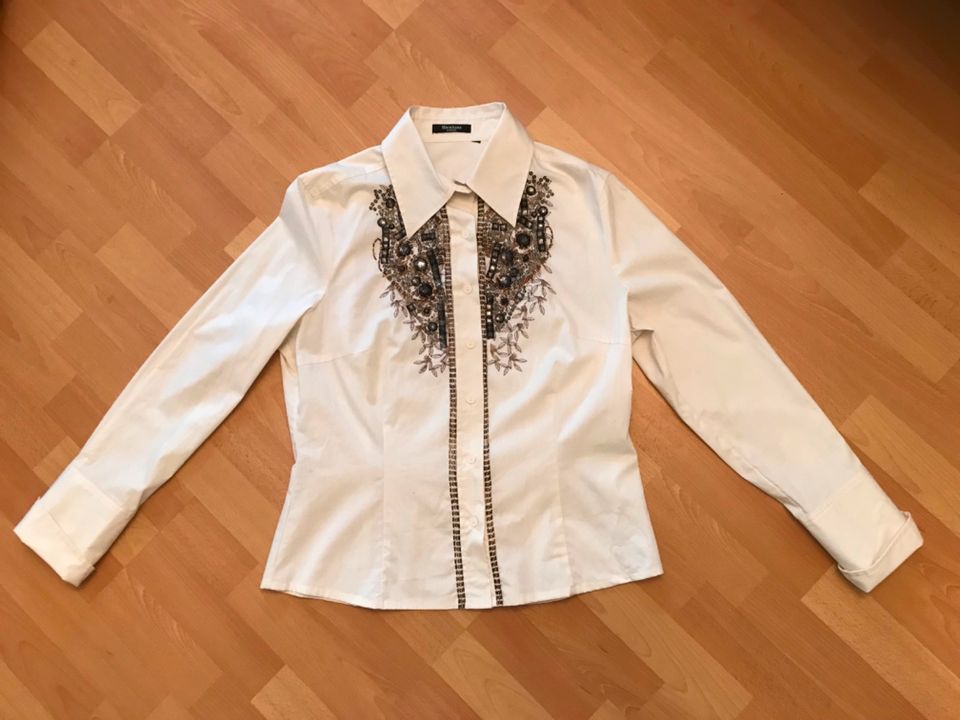 Nienhaus Woman Bluse Creme Weiß Stickerei Perlen Strass Gr 40 in Braubach