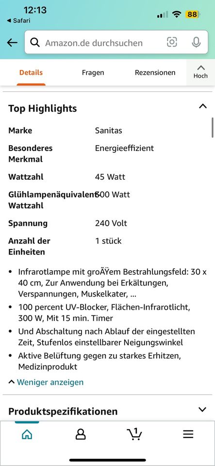 Sanitas SIL 45 Infrarot-Wärmestrahler, 1 Stück in Vahlberg