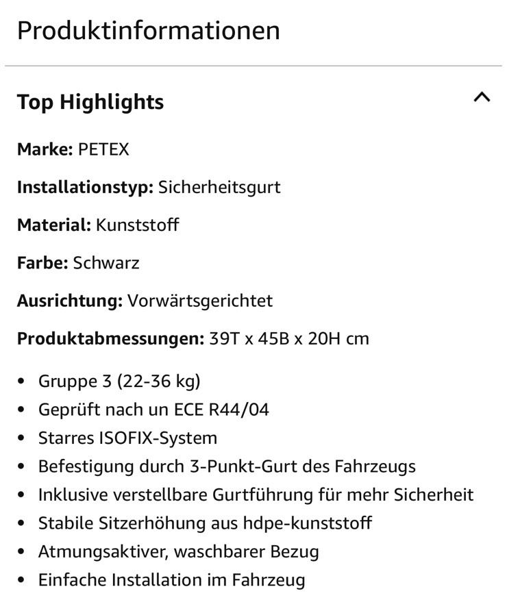 Petex Junior Sitzerhöhung 22-36 kg Isofix in Rietheim-Weilheim