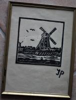 alter Kunstdruck: Windmühle signiert mt "JP", und Messingrahmen. Hessen - Langgöns Vorschau