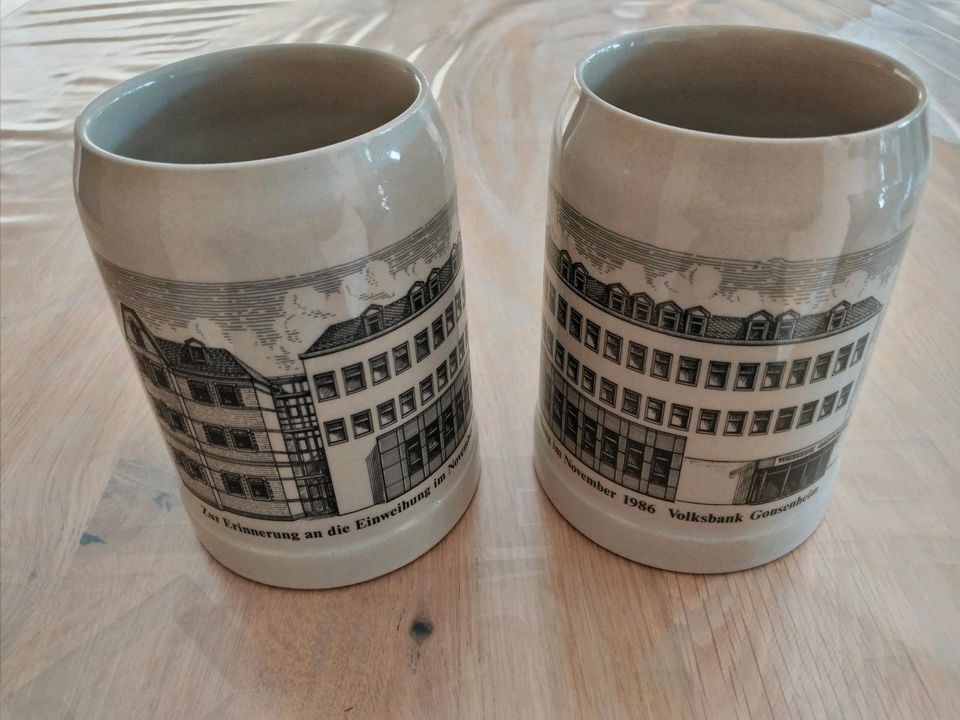 2 Bierhumpen von 1986. Volksbank Gonsenheim in Mainz