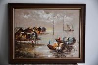 XL Idyllisches asiatisches Hafen-Meeres-Öl-Gemälde mit Kähnen München - Bogenhausen Vorschau