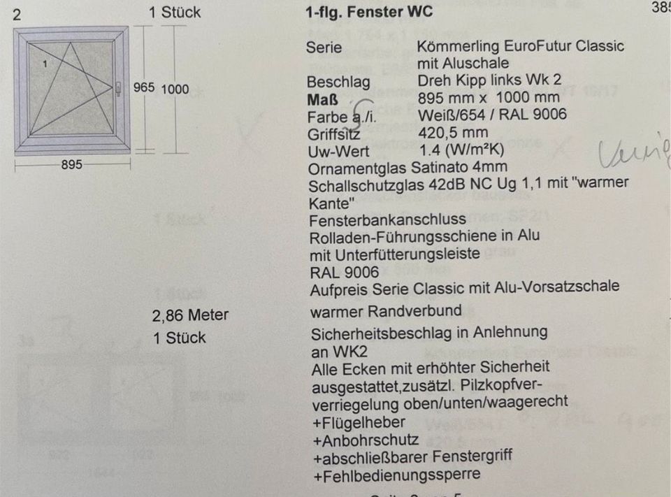 Fenster 89,5x96,5cm, RC2 Schallschutz 42dB, Uw 1,4, NP 611,84€ in Schöneck