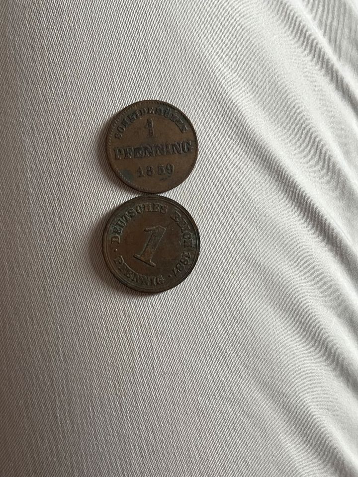 1 Pfennig Scheidemünze 1859 und deutsche Münze 1887 in Muhr am See