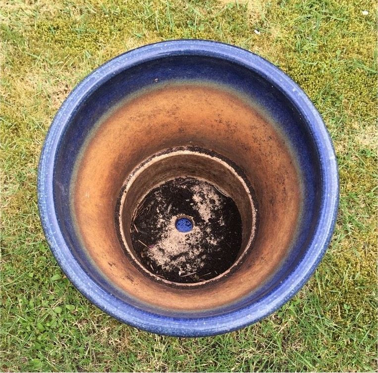 Großer Blumenkübel Kübel Pflanzkübel + Untersetzer Blau glasiert in