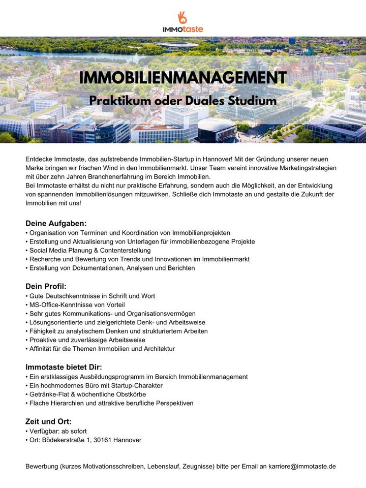 Immobilienmanagement (w/m/d) – Praktikum oder Duales Studium in Hannover