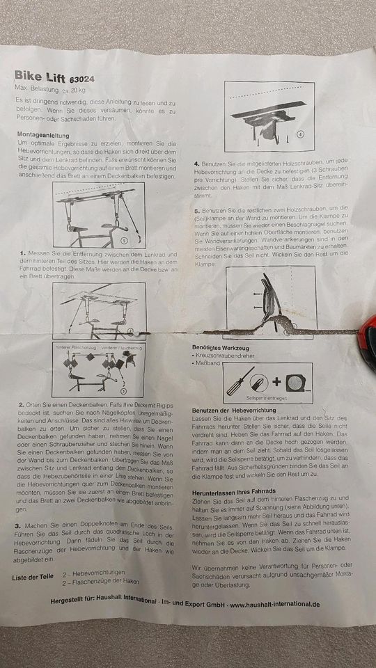 Bike lift System Fahrrad Aufbewahrung mit Zug und Umlenkrollen in Oberhausen