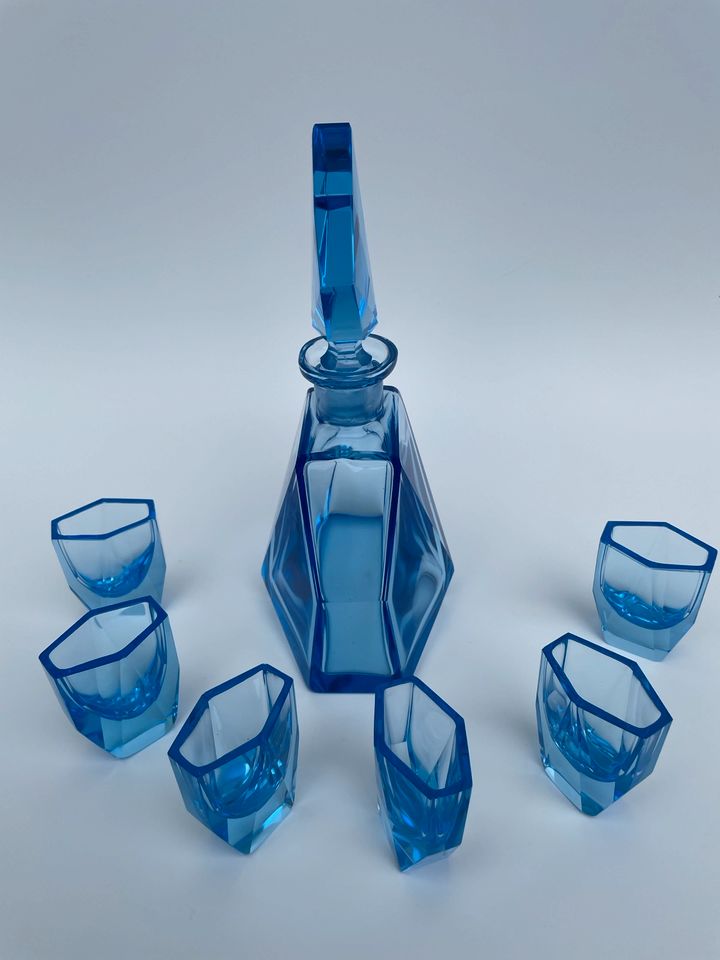 Antik Bömischer Glas Dekanter mit 6 Gläser blau 1930er Art Deco in Schipkau