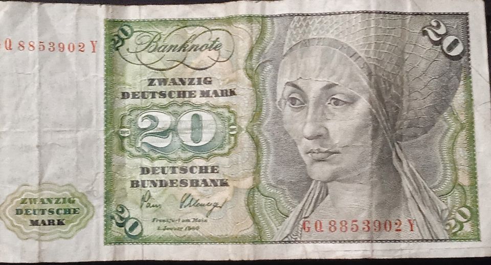 20 DM Schein  GQ 8858902 Y 2.Januar 1980 Deutsche Bundesbank 1961 in Haseldorf