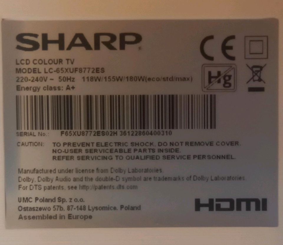 Sharp LC-65XUF8772ES 4K Ultra HD LCD 164 cm (65 Zoll) in Wiesbaden