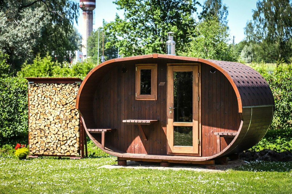 Fasssauna Thermoholz LUX 3,50x2,30 Fass Sauna OVAL Gartensauna in Stuhr