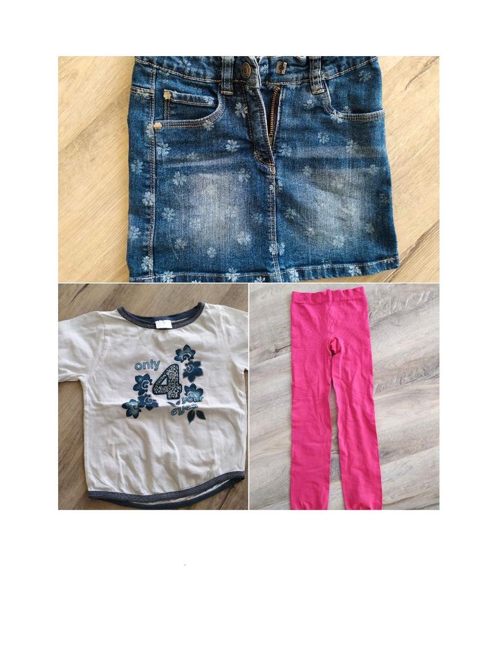 Mädchen Paket Jeans Mini Rock, T-Shirt, Feinstrumpf Leggings 128 in Ichenhausen