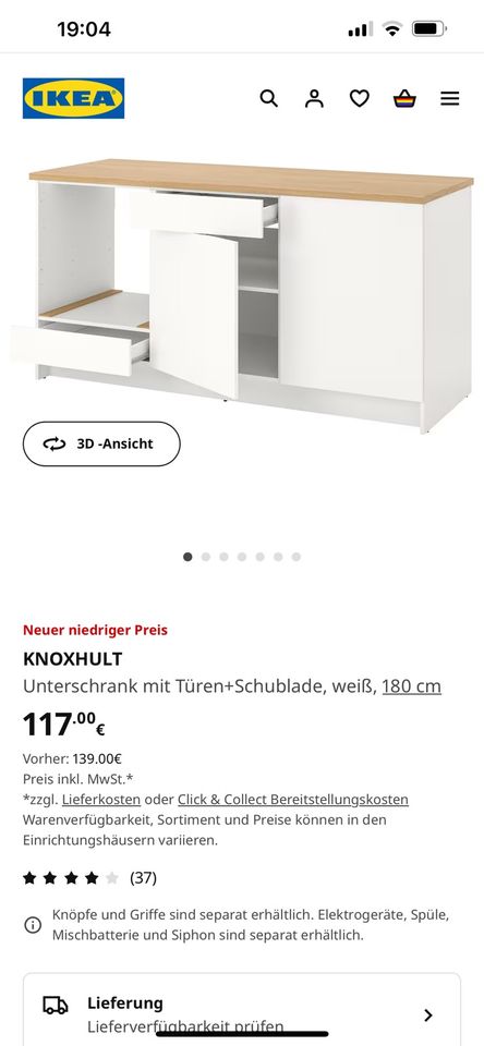 Unterschrank mit Türen+Schublade, weiß, 180 cm aus Ikea in Neuwied
