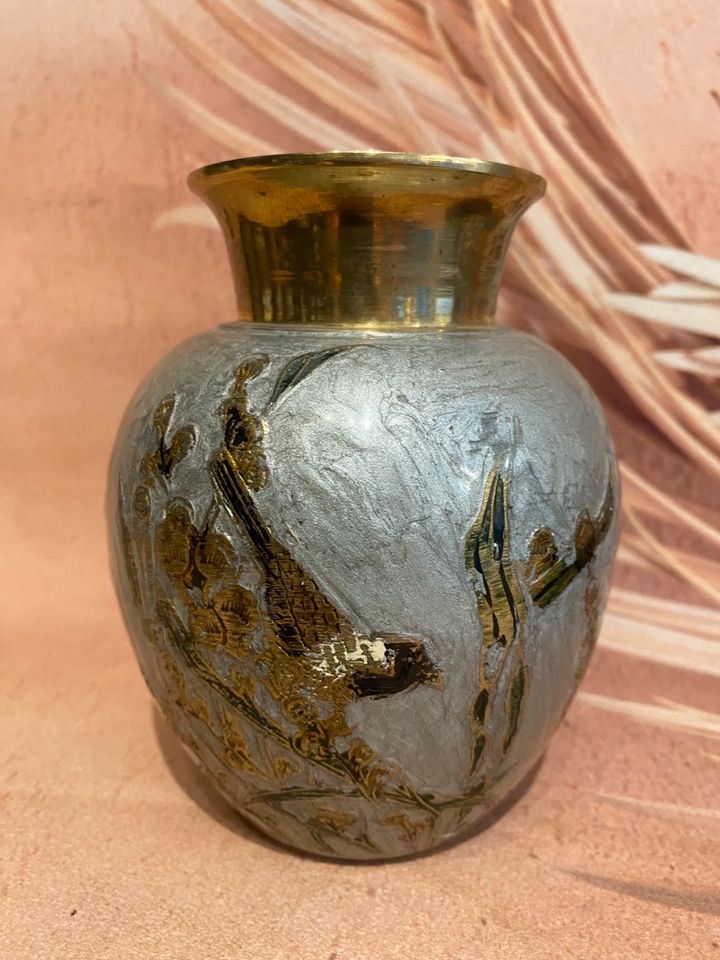 Messing Schale Vase Vogel Meise handgemalt in Rüsselsheim