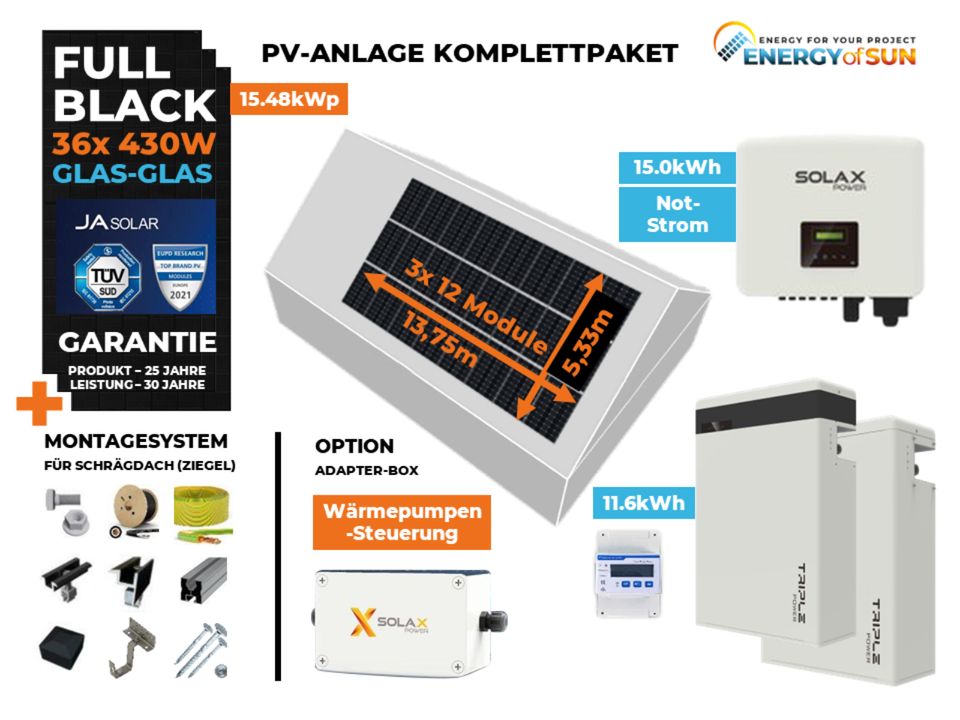 15 kW PV ANLAGE KOMPLETT PAKET SOLAX ZIEGELDACH SOLARANLAGE PHOTOVOLTAIKANLAGE X3-Hybrid-15.0-D in Gütersloh