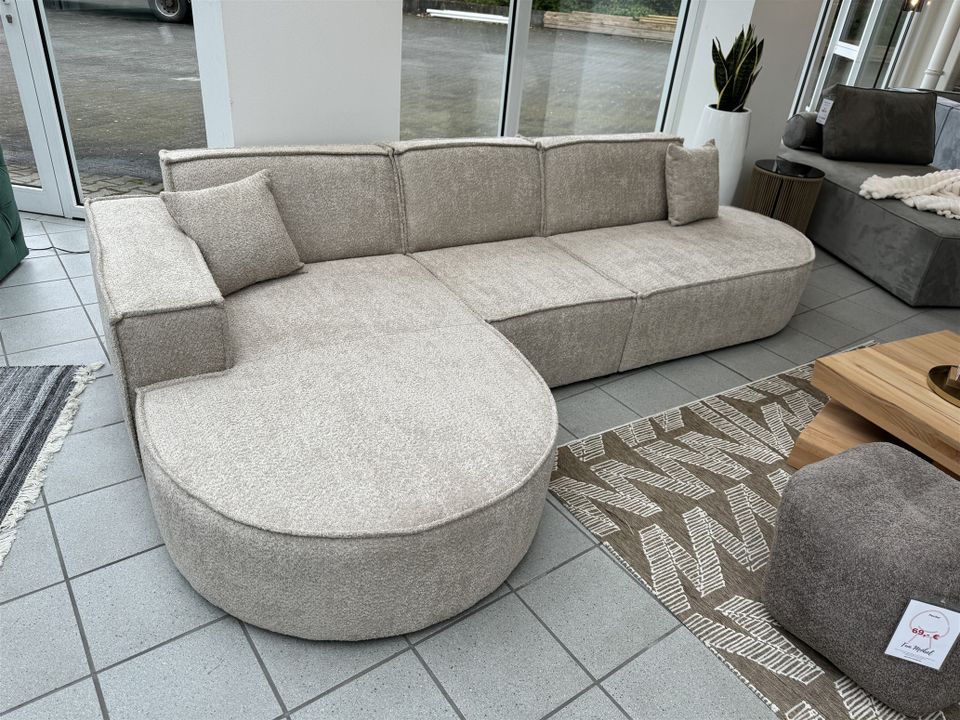 Ecksofa Designersofa PALMA in Stoff Ascot Beige Ottomane Links in Lage