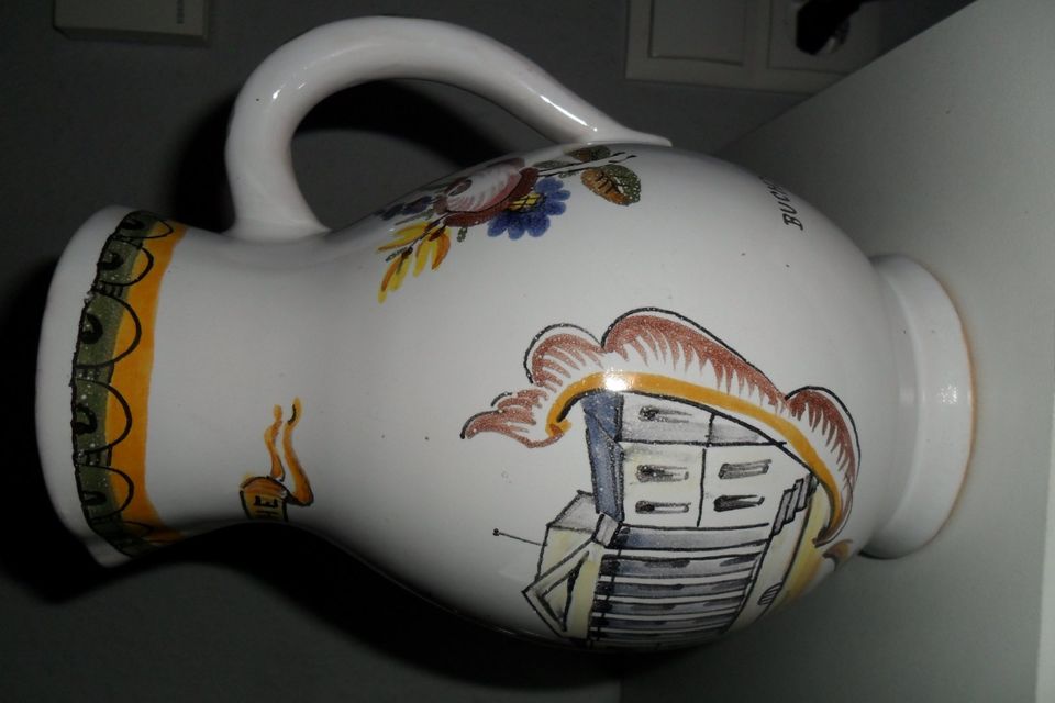 Keramik-Krug weiß mit Bild, Sammlerobjekt, Saft oder Wein, gut in Alsheim