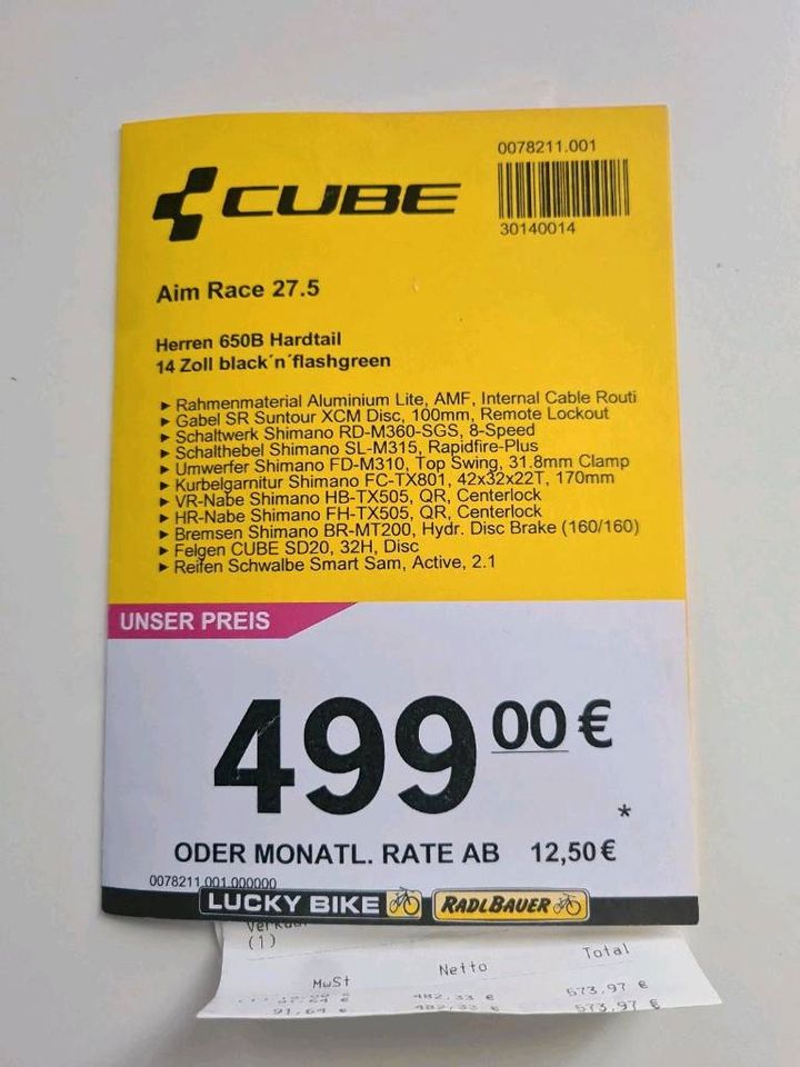 CUBE Aim Race 27.5 Herren 650B Hardtail 14 Zoll Black flashgreen in Calden
