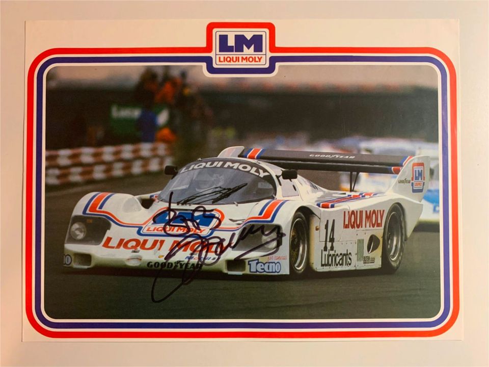 Rennsport-Legende Bob Wollek: handsig. Autogrammflyer Porsche 956 in München