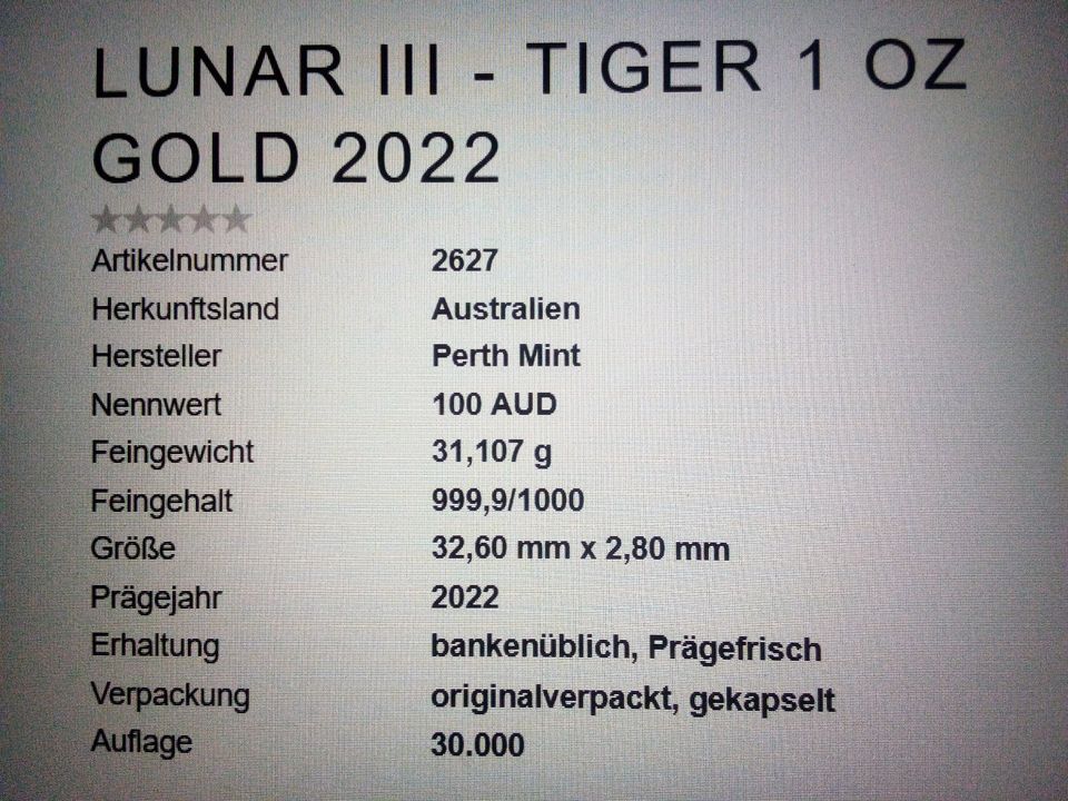 Gold 1 Unze Tiger 2022 in Falkenberg/Elster