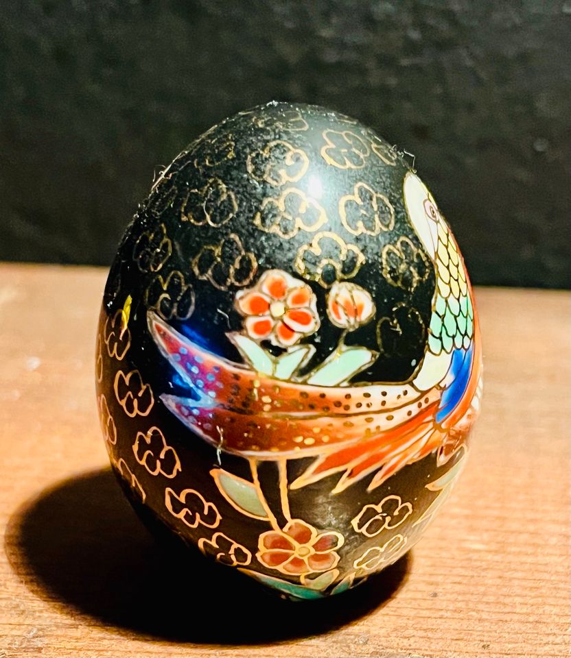 Vintage Cloisonne Ceramic Enamel Egg Black with 2 Birds & Florals in Lechbruck