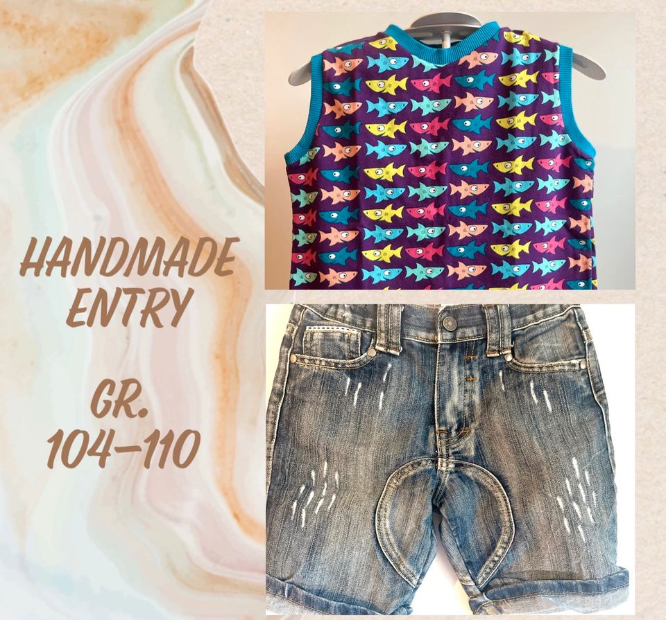 **ENTRY/ HANDMADE** Sommer-Set Gr. 104-110 Top/ Jeansshorts ab in Klütz