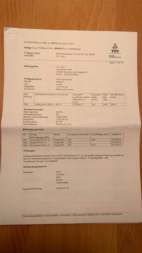 OZ Aluminiumfelgen 7,5 18 ET 35 schwarz A1 A3 Skoda Polo Golf in Jülich