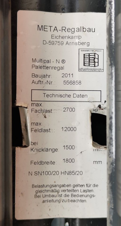 Palettenregal Schwerlastregal Meta Regalbau Multipal N 7 Meter in Alsdorf